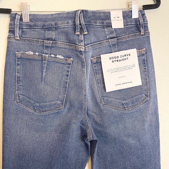 GOOD AMERICAN Blue Raw Distressed Good Curve Straight Leg Denim Jeans Size 6 NWT - Picture 12 of 16